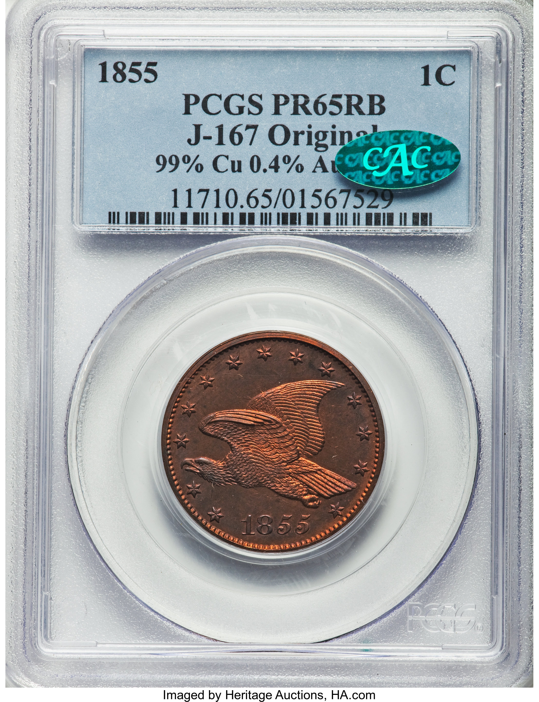 image for: 1855 P1C Flying Eagle Cent, Judd-167 Original, Pollock-193, R.5 PR65 Red and Brown PCGS. CAC....