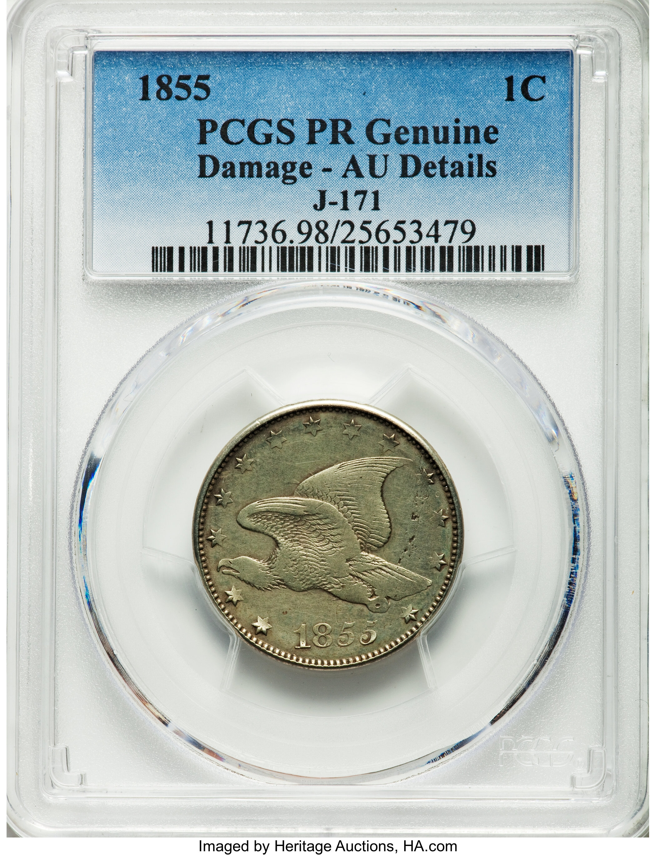 image for: 1855 E1C Flying Eagle Cent, Judd-171, Pollock-196, Low R.7 -- Damage -- Genuine PCGS. Proof, AU Details....