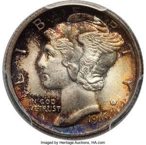 image for: 1916 10C Mercury MS67 PCGS. PCGS Population (5/0). NGC Census: (11/1). Mintage: 22,180,080. Numismedia Wsl. Price for probl...