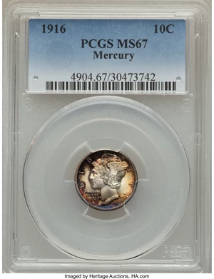 image for: 1916 10C Mercury MS67 PCGS. PCGS Population (5/0). NGC Census: (11/1). Mintage: 22,180,080. Numismedia Wsl. Price for probl...