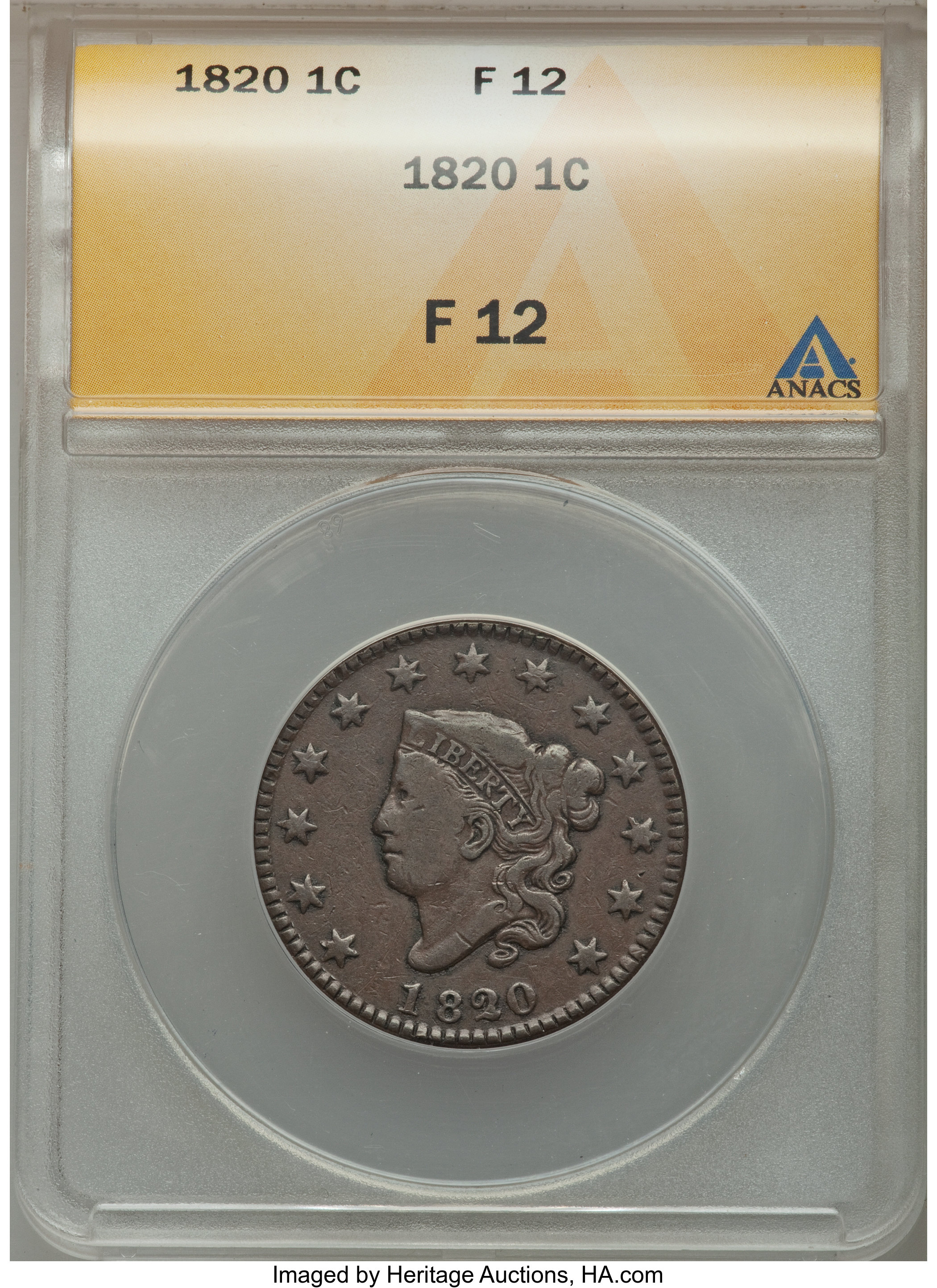 1820 1C Large Date Fine 12 ANACS. NGC Census: (5/553). PCGS Population (3/583). Mintage: 4,407,550. Numismedia Wsl. Price f...
