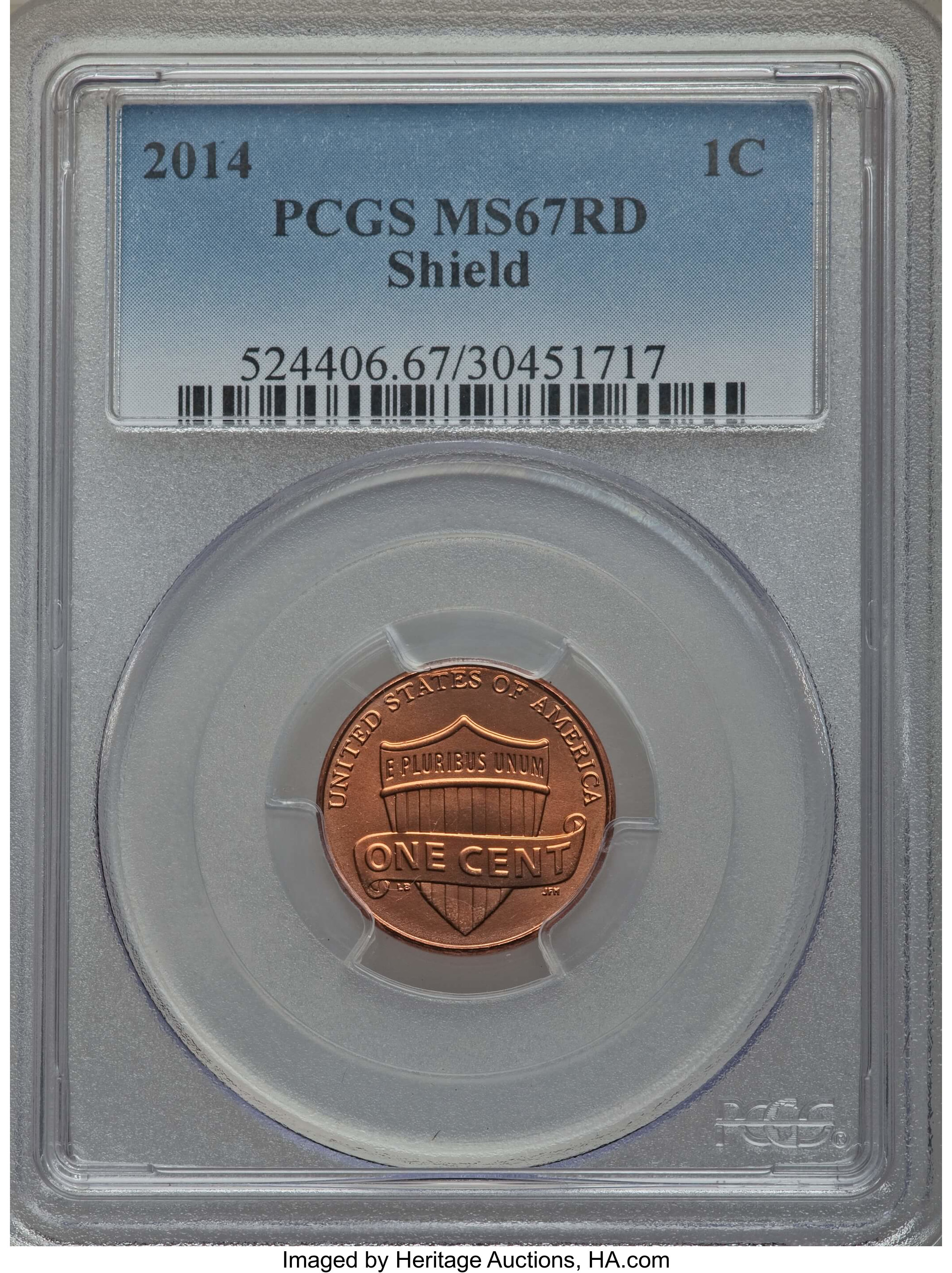 image for: 2014 1C Shield MS67 Red PCGS, and a 2014-D 1C Shield MS67 Red PCGS.... (Total: 2 coins)