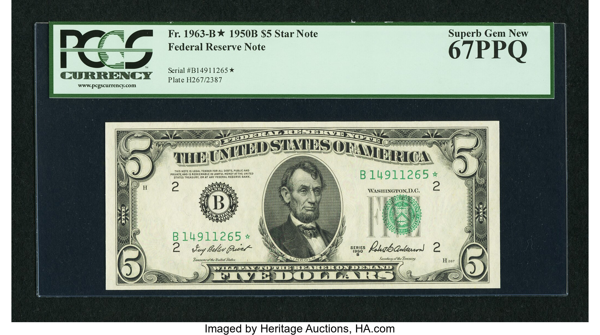 image for: Fr. 1963-B* $5 1950B Federal Reserve Note. PCGS Superb Gem New 67PPQ....