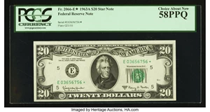 image for: Fr. 2066-E* $20 1963A Federal Reserve Star Note. PCGS Choice About New 58PPQ....