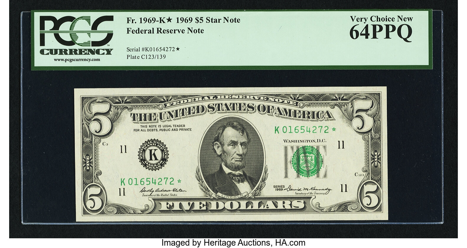 image for: Fr. 1969-K* $5 1969 Federal Reserve Star Note. PCGS Very Choice New 64PPQ....