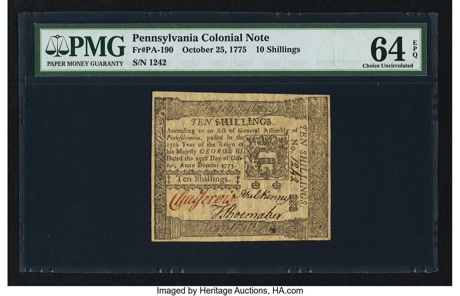 image for: Pennsylvania October 25, 1775 10s PMG Choice Uncirculated 64 EPQ....
