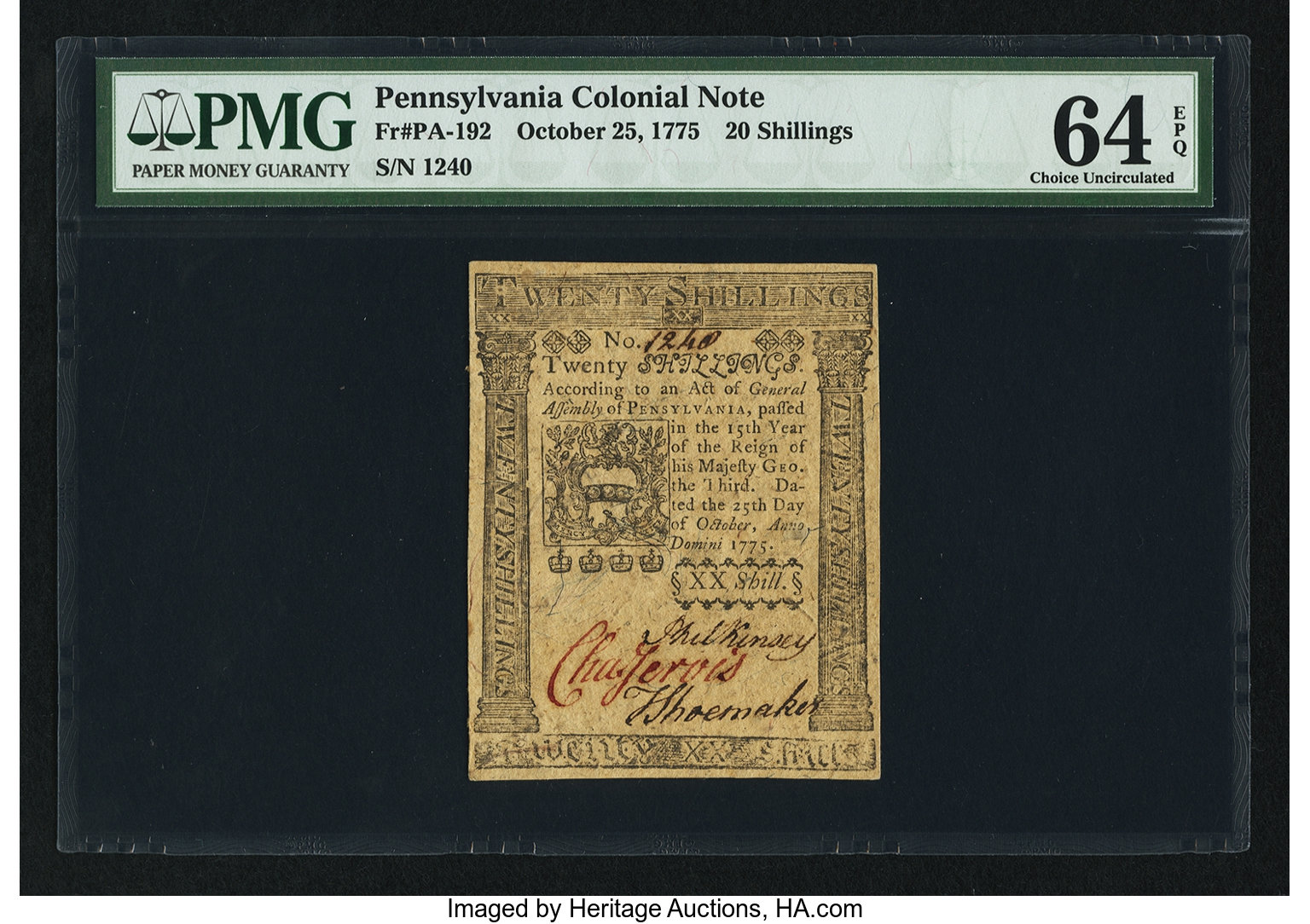 image for: Pennsylvania October 25, 1775 20s PMG Choice Uncirculated 64 EPQ....
