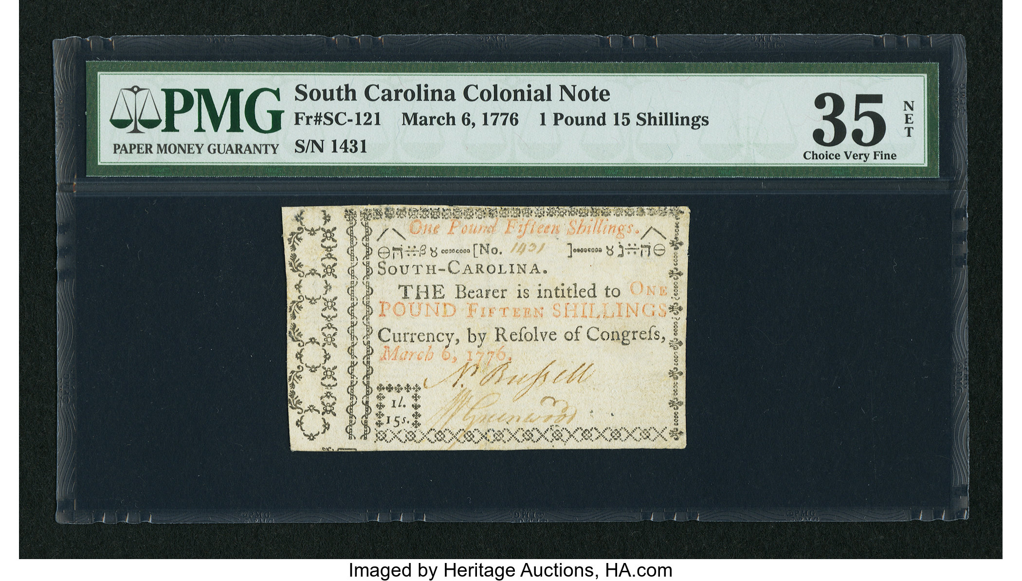 image for: South Carolina March 6, 1776 £1 15s PMG Choice Very Fine 35 Net....