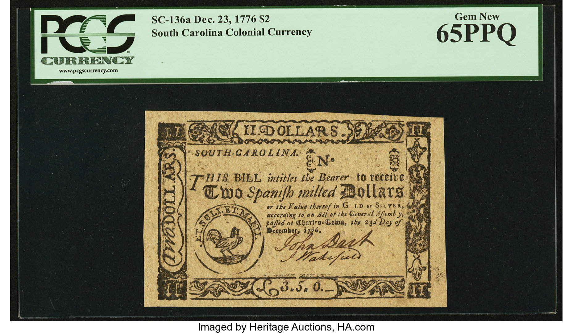image for: South Carolina December 23, 1776  $2 PCGS Gem New 65PPQ....