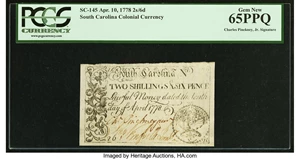 image for: South Carolina April 10, 1778 2s/6d PCGS Gem New 65PPQ....