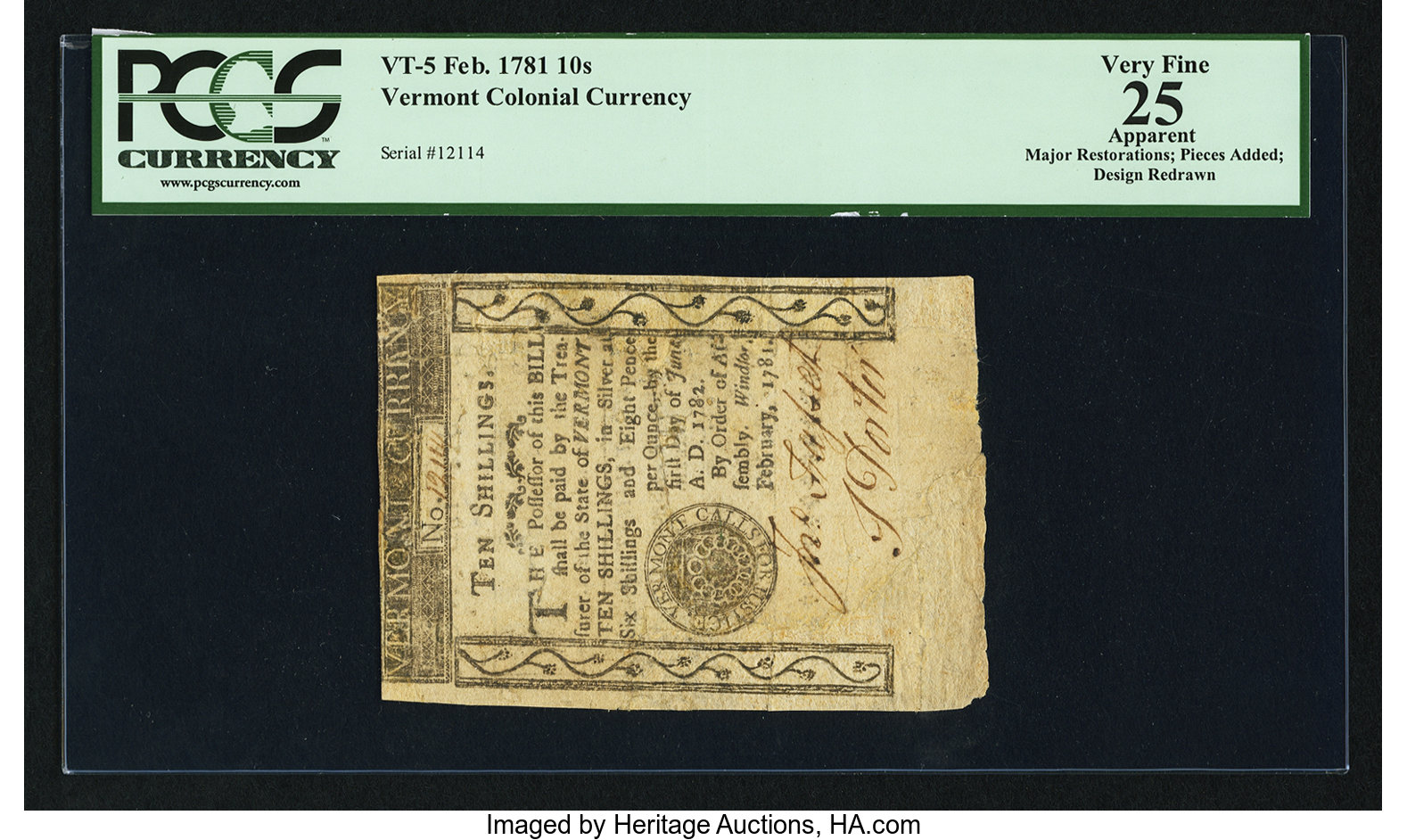 image for: Vermont February 1781 10s PCGS Apparent Very Fine 25....