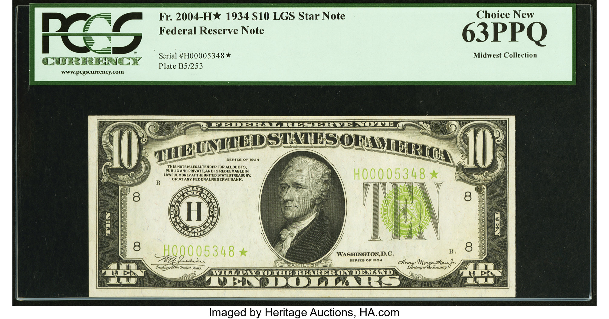 image for: Fr. 2004-H* $10 1934 Light Green Seal Federal Reserve Note. PCGS Choice New 63PPQ....
