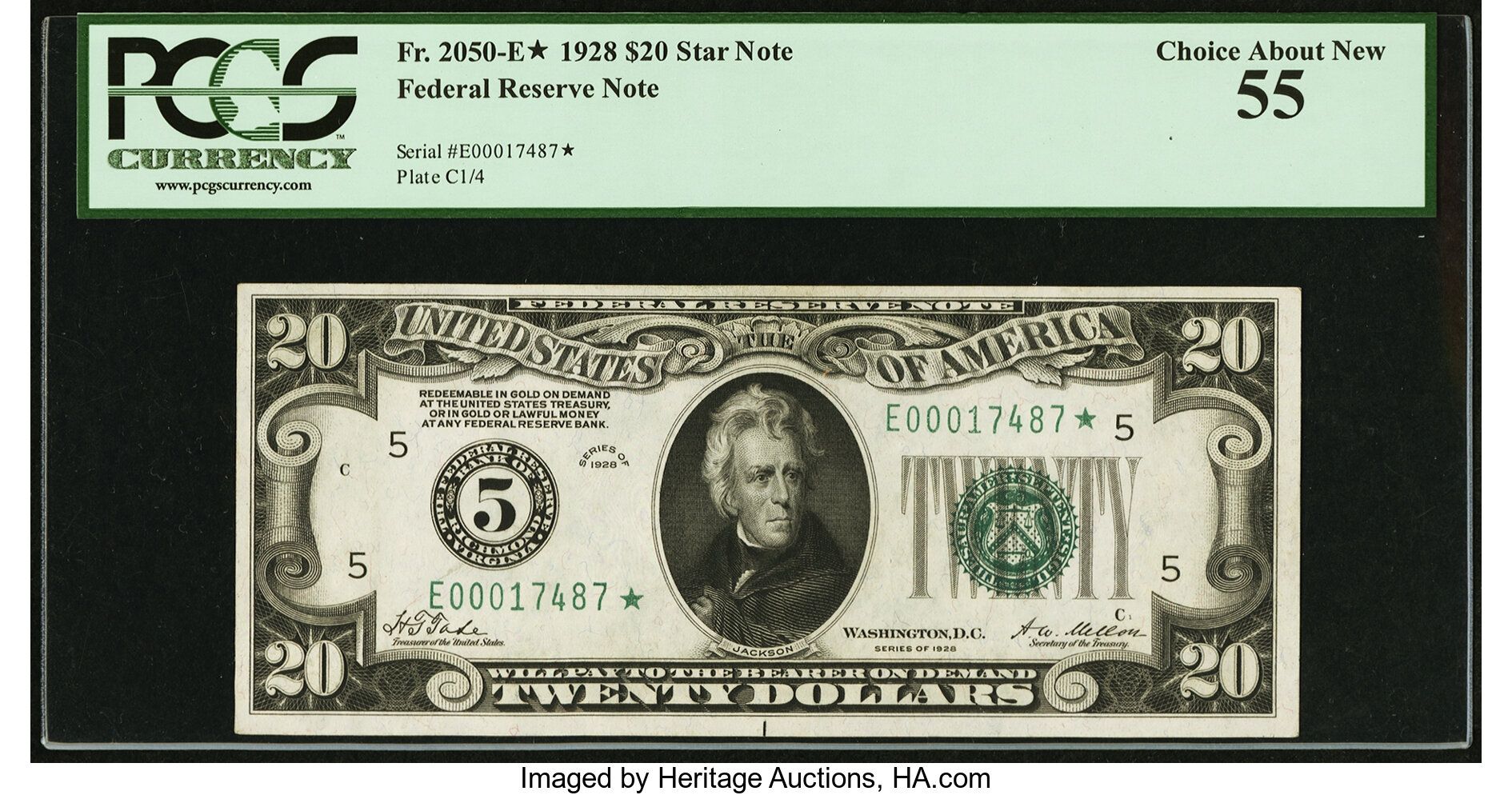 image for: Fr. 2050-E* $20 1928 Federal Reserve Note. PCGS Choice About New 55....