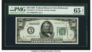 image for: Fr. 2100-E* $50 1928 Federal Reserve Note. PMG Gem Uncirculated 65 EPQ....