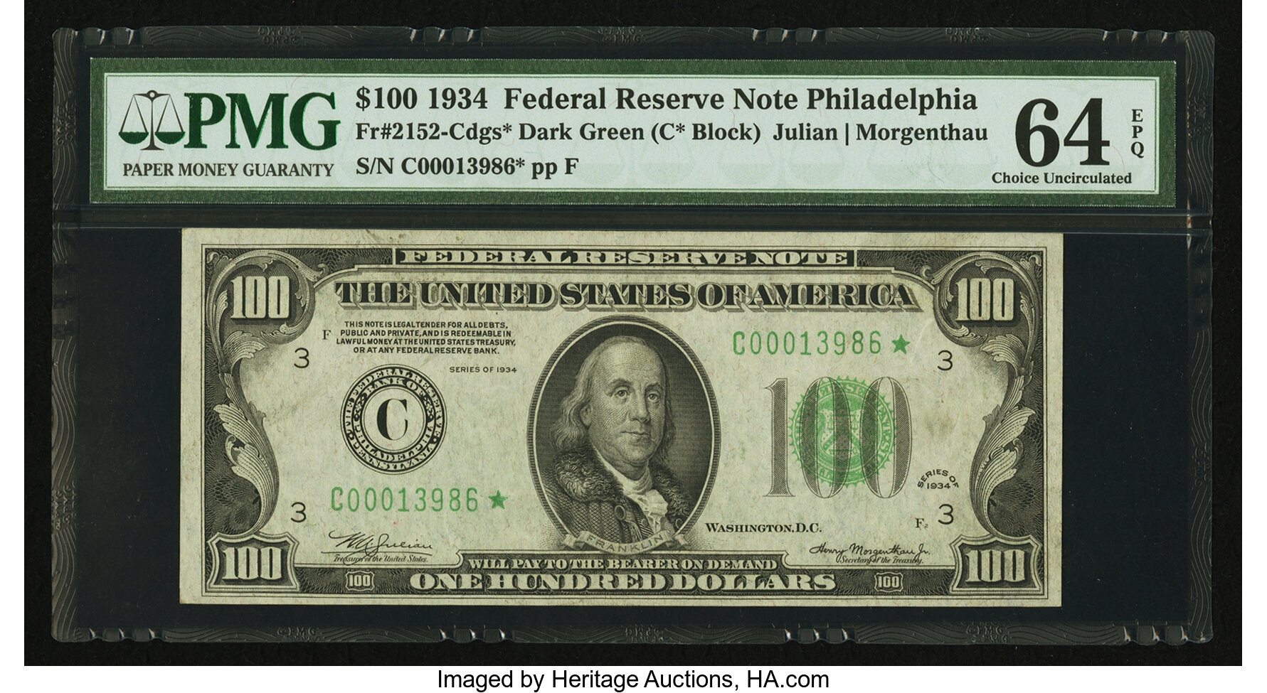 image for: Fr. 2152-C* $100 1934 Federal Reserve Note. PMG Choice Uncirculated 64 EPQ....