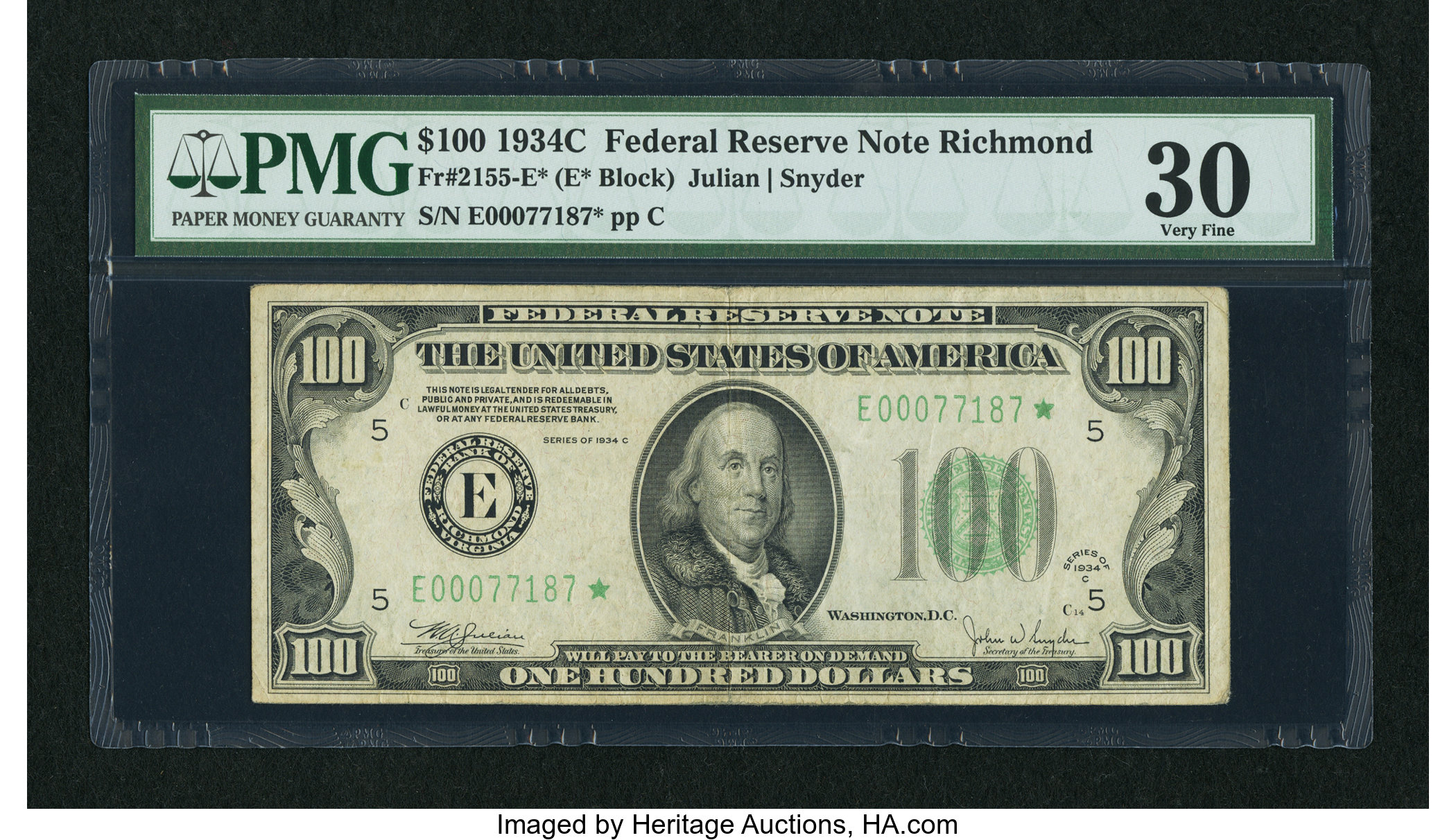 image for: Fr. 2155-E* $100 1934C Federal Reserve Note. PMG Very Fine 30....