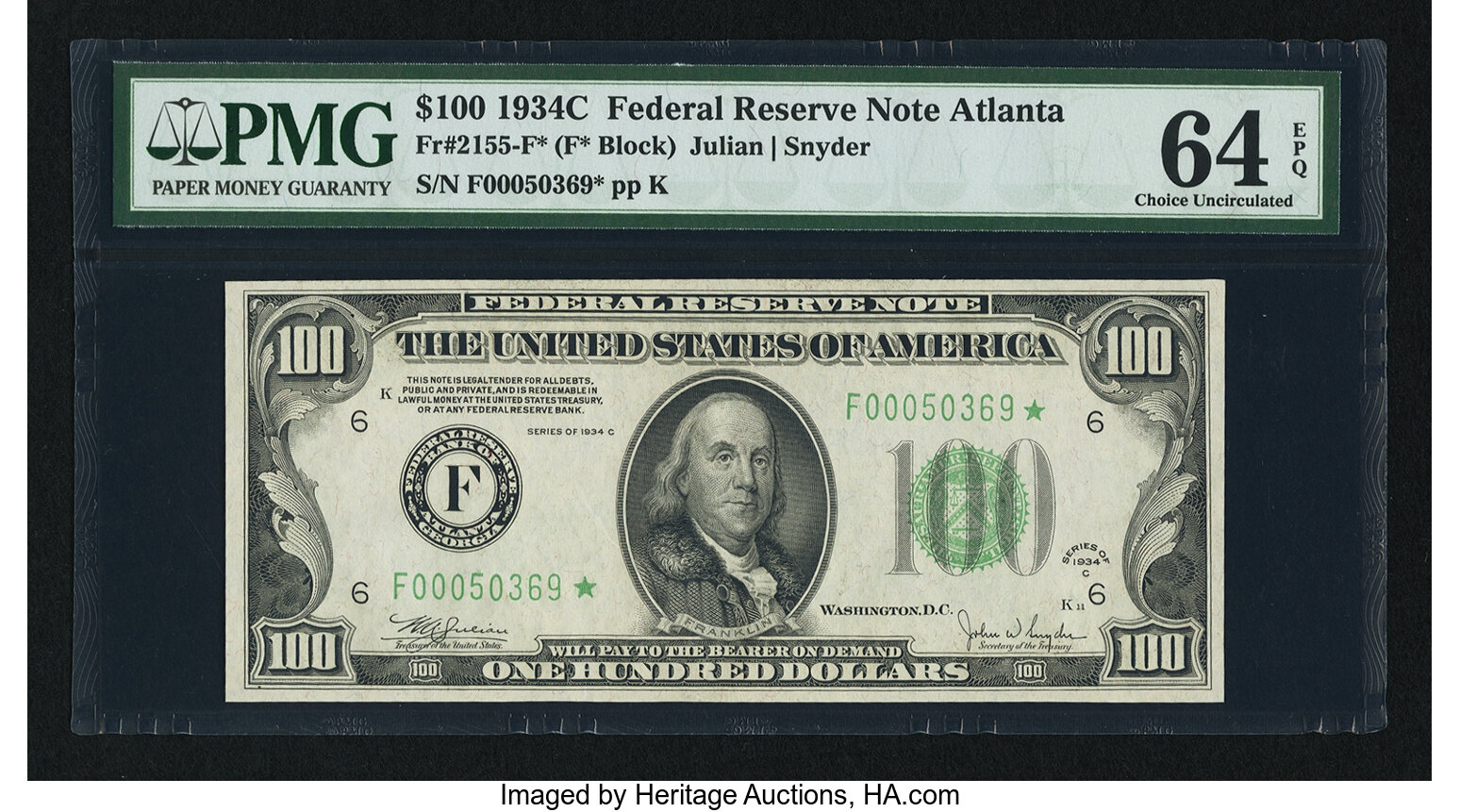 image for: Fr. 2155-F* $100 1934C Federal Reserve Note. PMG Choice Uncirculated 64 EPQ....