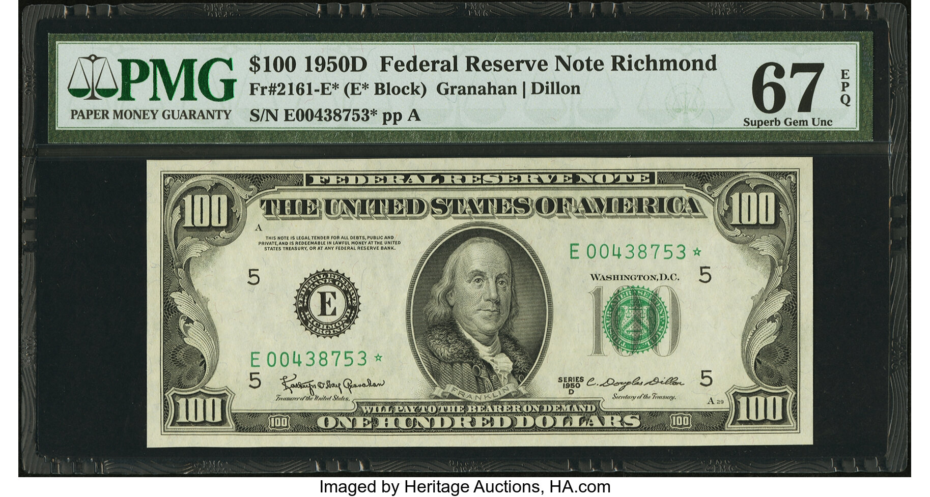 image for: Fr. 2161-E* $100 1950D Federal Reserve Note. PMG Superb Gem Unc 67 EPQ....