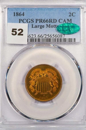 image for: 2C 1864 LARGE MOTTO PCGS PR66RD CAM CAC