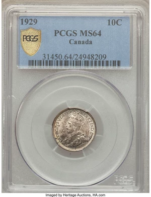 image for: George V 10 Cents 1929 MS64 PCGS