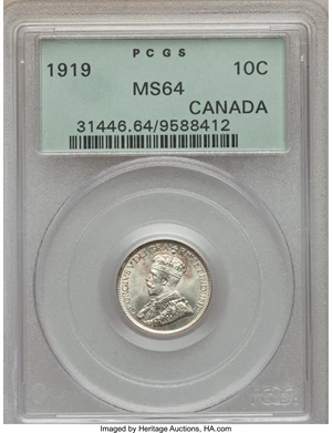 image for: George V 10 Cents 1919 MS64 PCGS