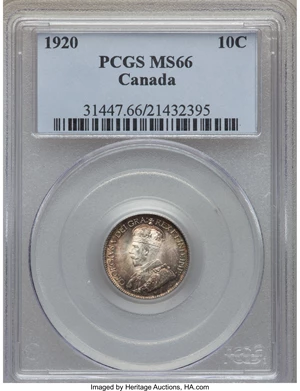 image for: George V 10 Cents 1920 MS66 PCGS