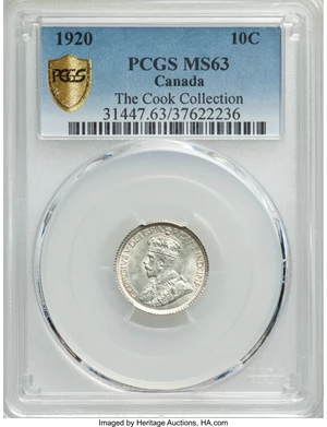 image for: George V 10 Cents 1920 MS63 PCGS