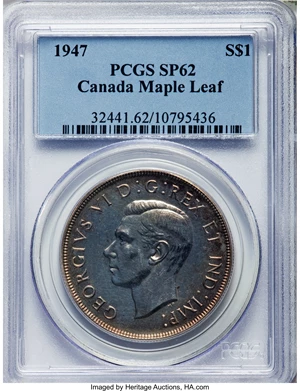 image for: George VI Specimen "Maple Leaf" Dollar 1947 SP62 PCGS,