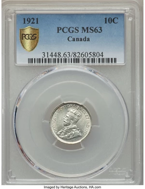 image for: George V 10 Cents 1921 MS63 PCGS
