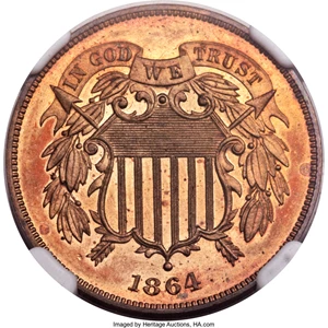 image for: 1864 2C Large Motto PR66 Red and Brown Cameo NGC....