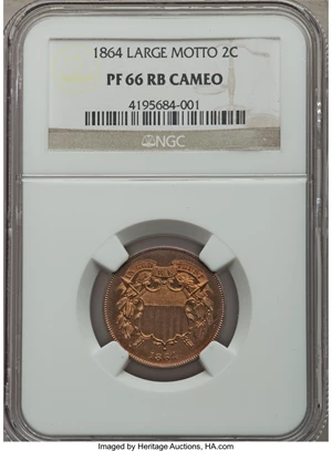 image for: 1864 2C Large Motto PR66 Red and Brown Cameo NGC....