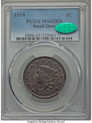 image for: 1819 1C Small Date, N-8, R.1, MS63 Brown PCGS. CAC....