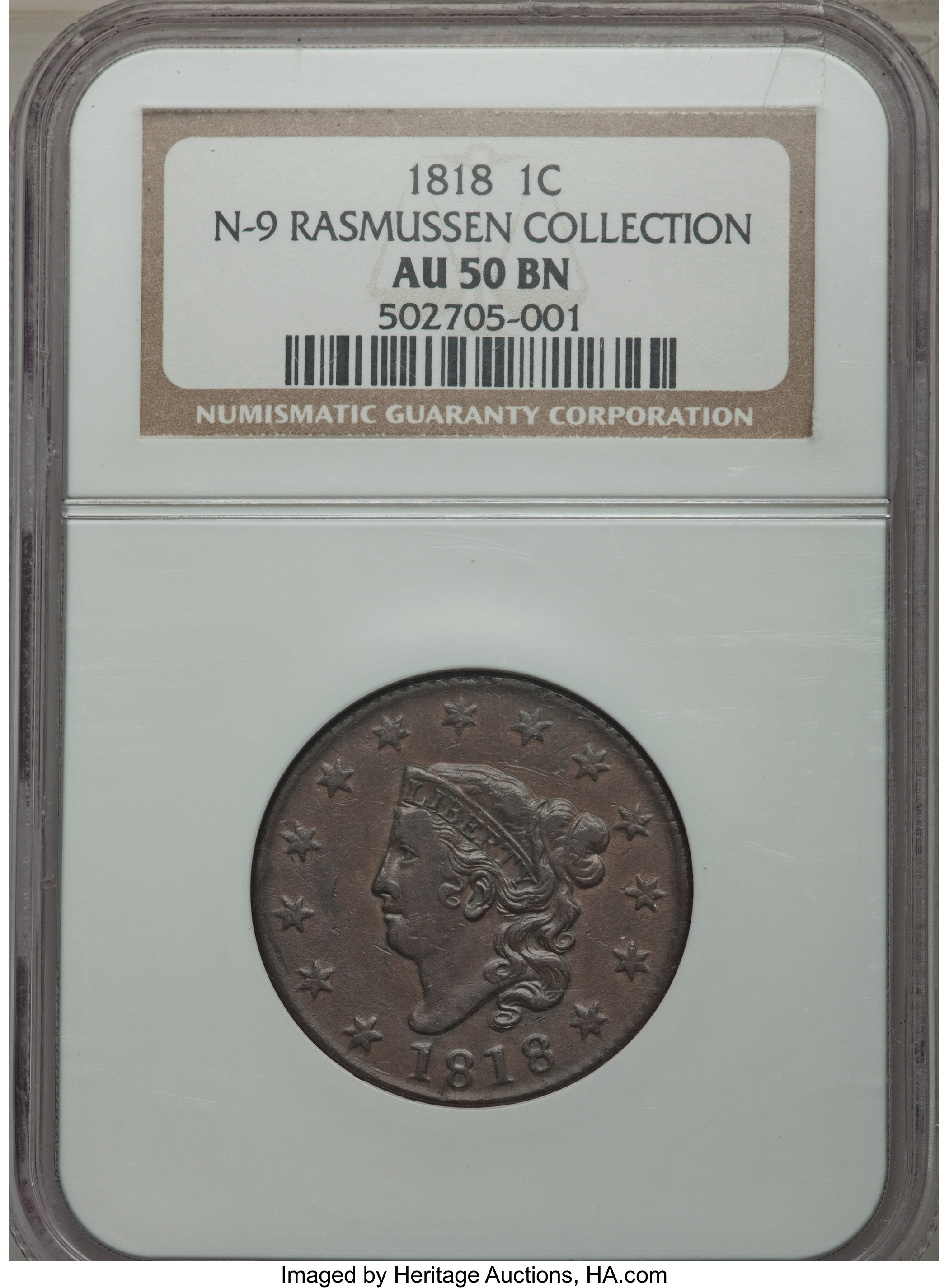 image for: 1818 1C N-9, R.3, AU50 NGC. Ex: Rasmussen Collection. NGC Census: (1/1). PCGS Population (0/4)....