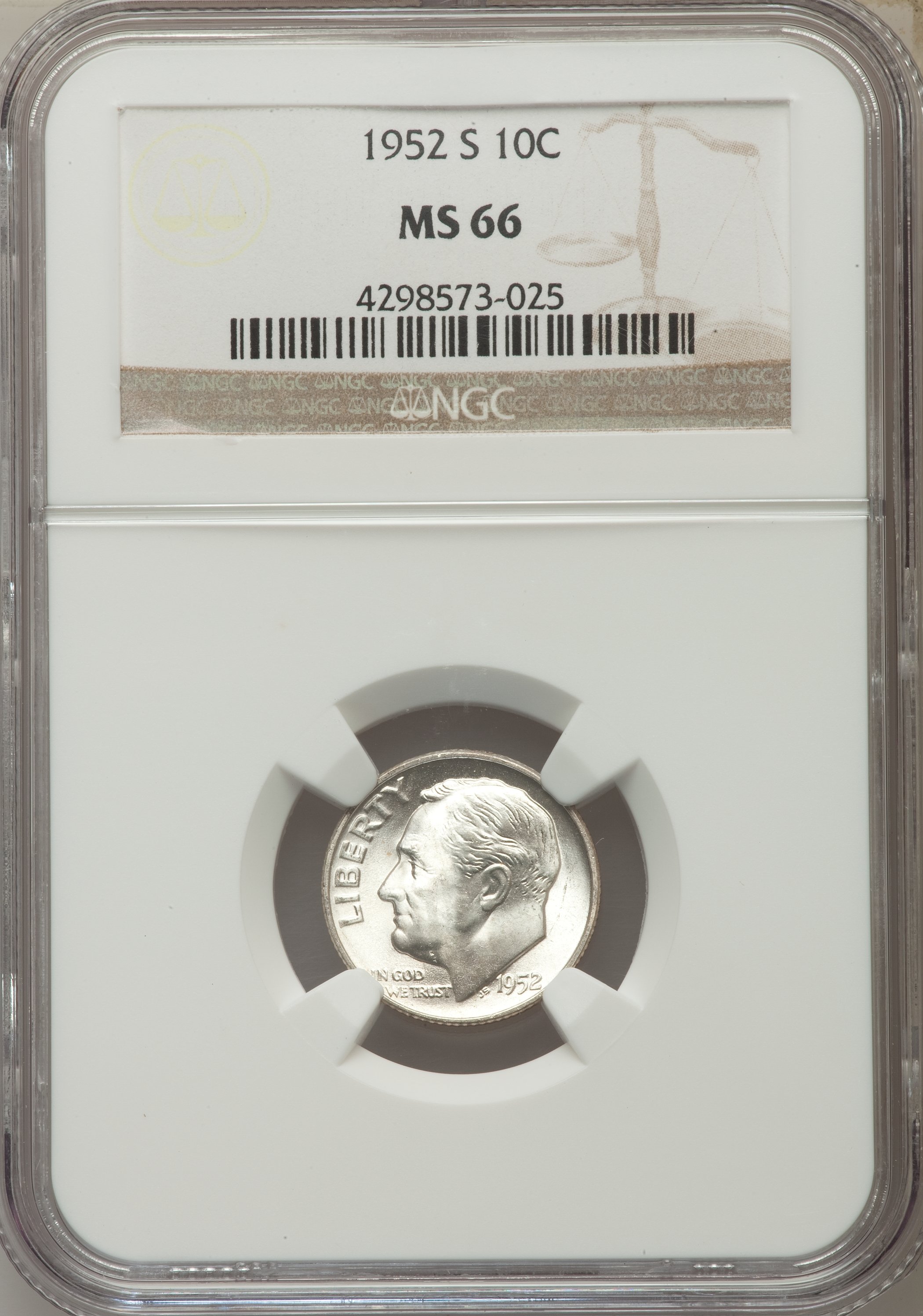 1952-S 10C MS66 NGC. NGC Census: (673/611). PCGS Population (805/260). Mintage: 44,419,500. Numismedia Wsl. Price for probl...