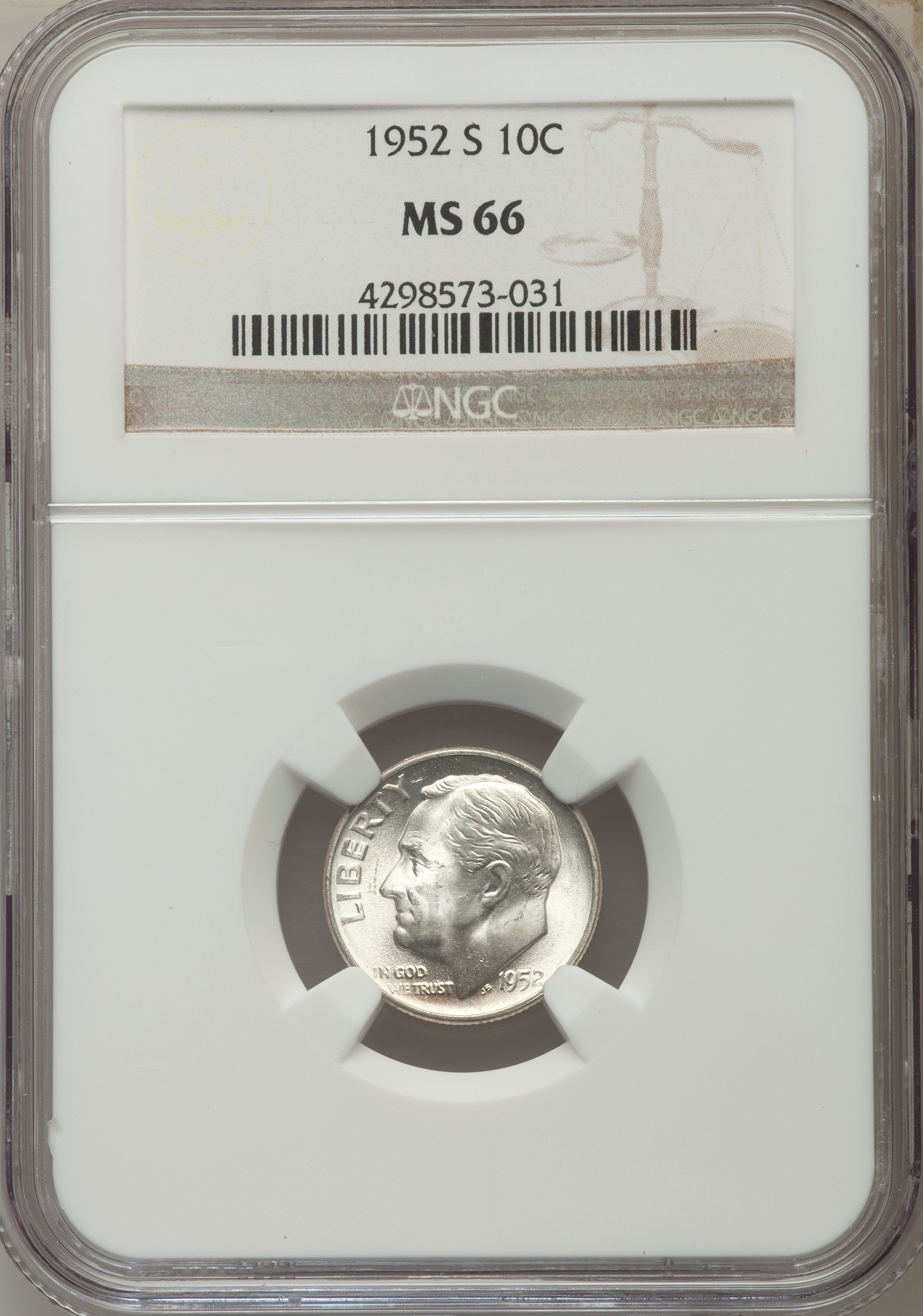 1952-S 10C MS66 NGC. NGC Census: (673/611). PCGS Population (805/260). Mintage: 44,419,500. Numismedia Wsl. Price for probl...