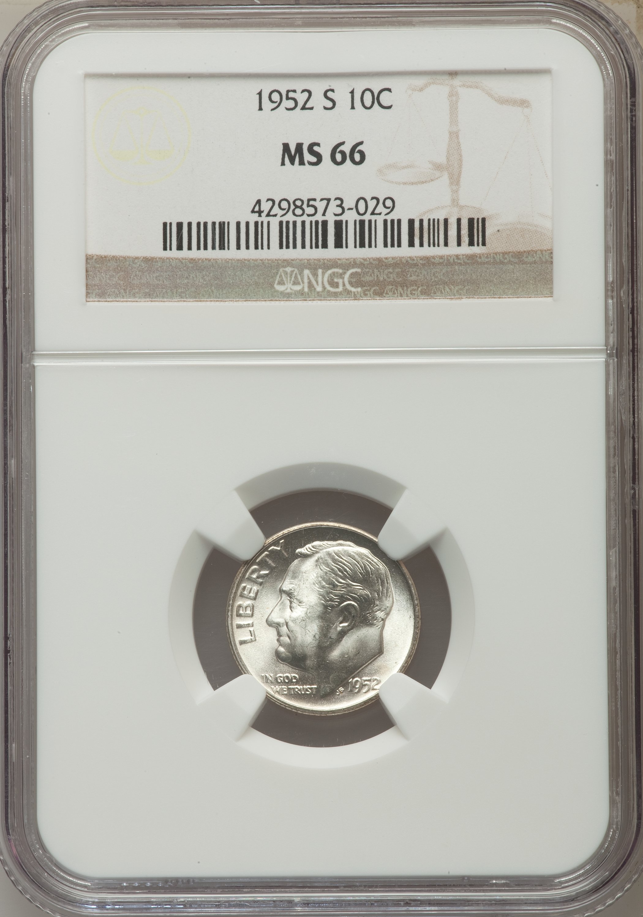 1952-S 10C MS66 NGC. NGC Census: (673/611). PCGS Population (805/260). Mintage: 44,419,500. Numismedia Wsl. Price for probl...