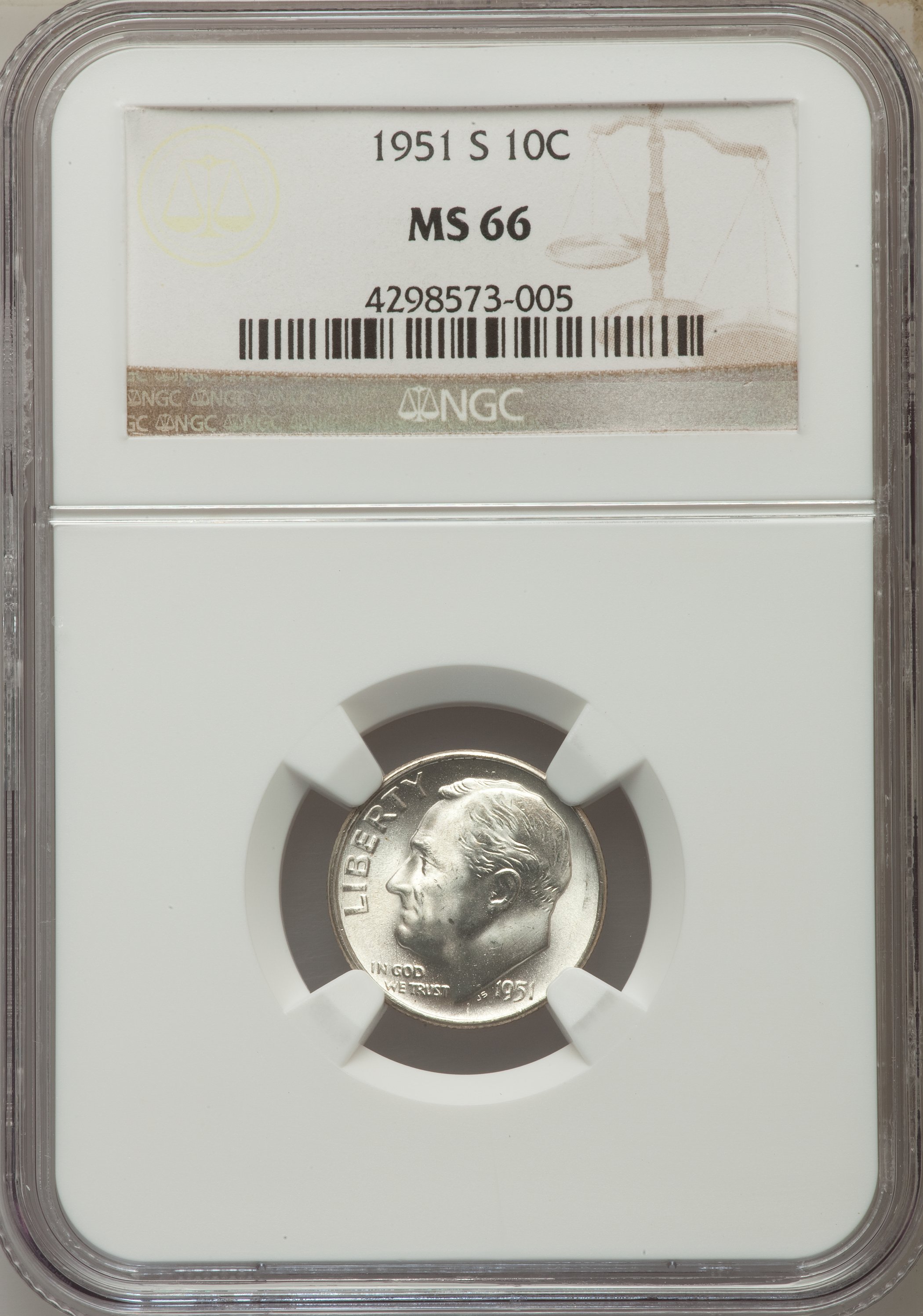 (5)1951-S 10C MS66 NGC. NGC Census: (594/635). PCGS Population (945/319). Mintage: 31,630,000. Numismedia Wsl. Price for pr... (Total: 5 item)