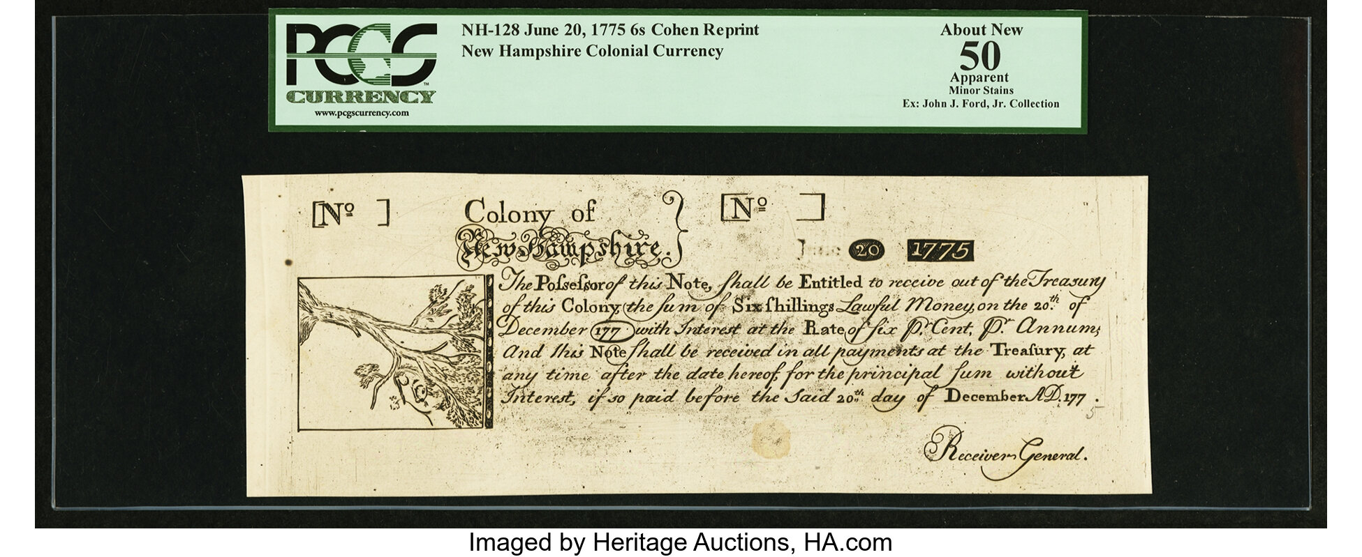 image for: New Hampshire June 20, 1775 6s Cohen Reprint PCGS Apparent About New 50....