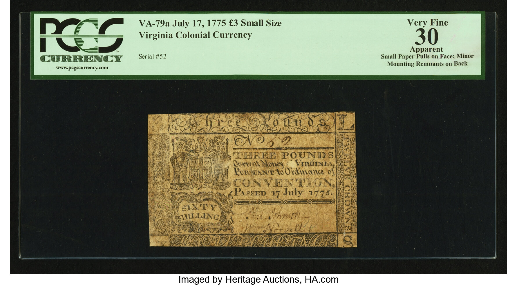image for: Virginia July 17, 1775 £3 PCGS Apparent Very Fine 30....