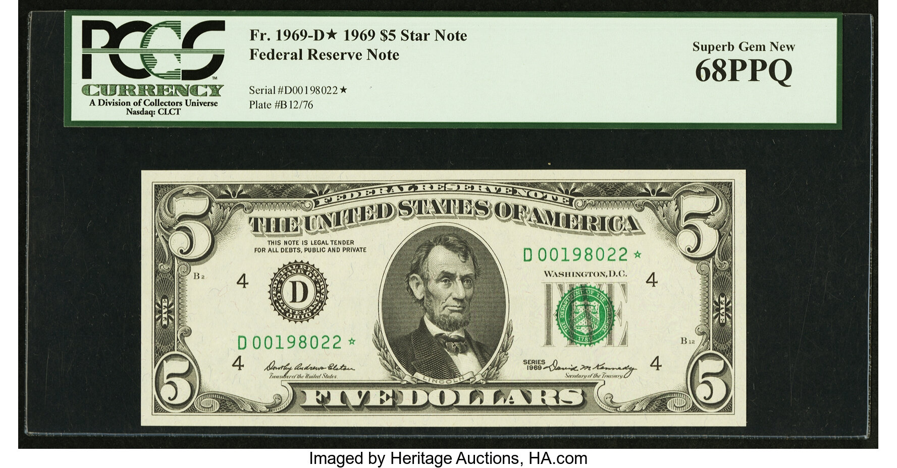 image for: Fr. 1969-D* $5 1969 Federal Reserve Star Note. PCGS Superb Gem New 68PPQ....