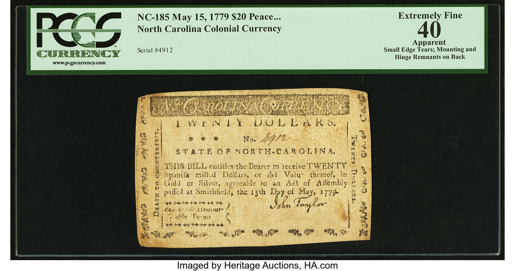 image for: North Carolina May 15, 1779 $20 Peace on Honorable Terms PCGS Apparent Extremely Fine 40....