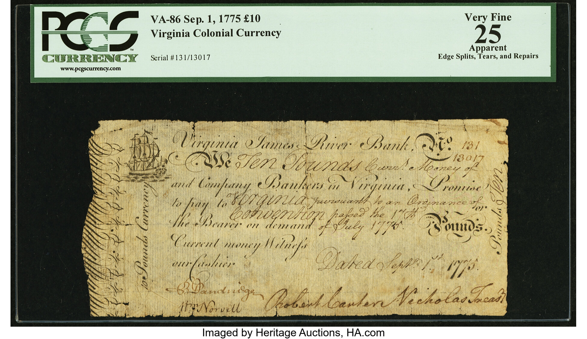 image for: Virginia September 1, 1775 £10 PCGS Apparent Very Fine 25....