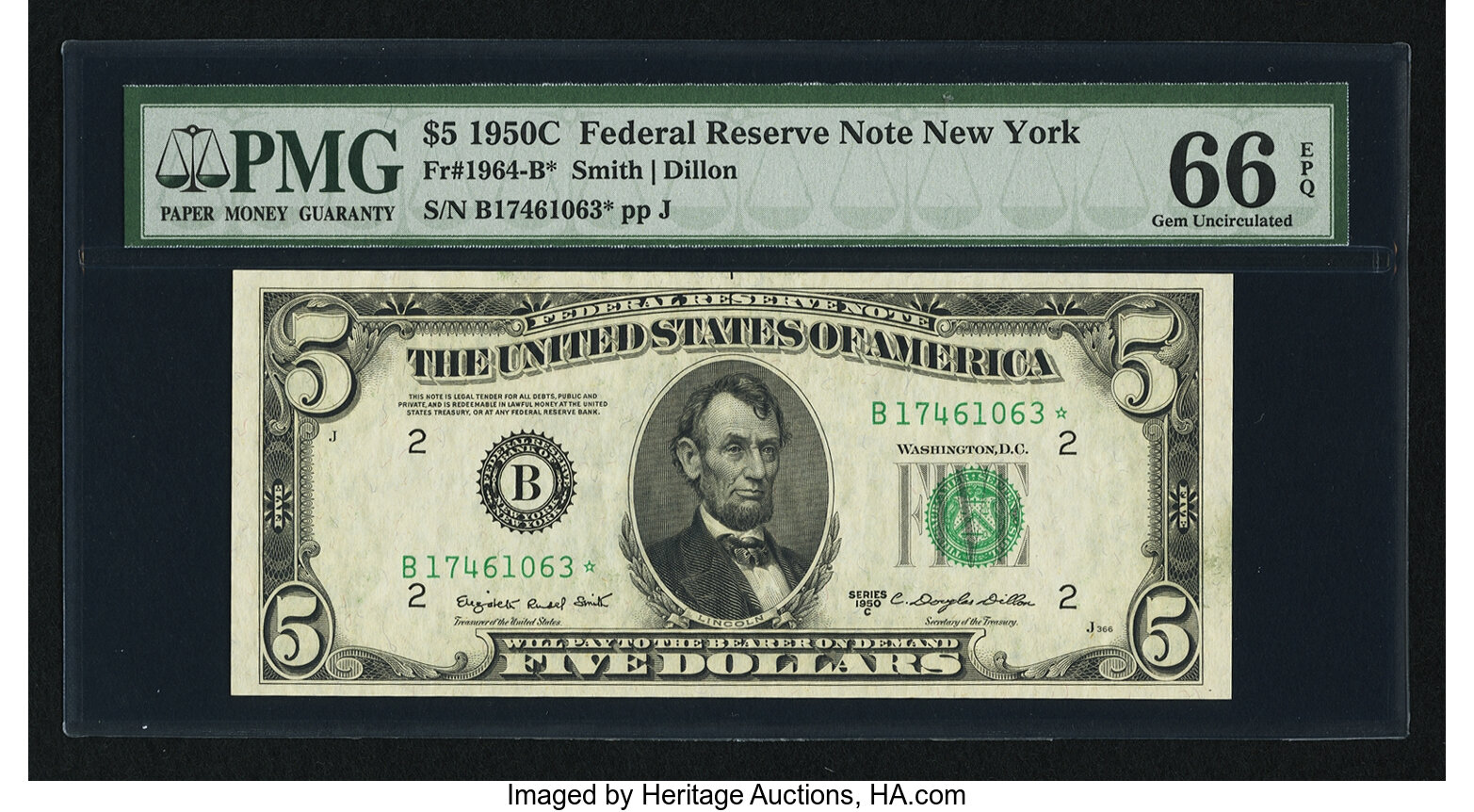 image for: Fr. 1964-B* $5 1950C Federal Reserve Star Note. PMG Gem Uncirculated 66 EPQ....