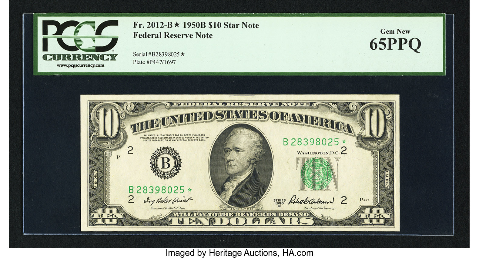 image for: Fr. 2012-B* $10 1950B Federal Reserve Star Note. PCGS Gem New 65PPQ....