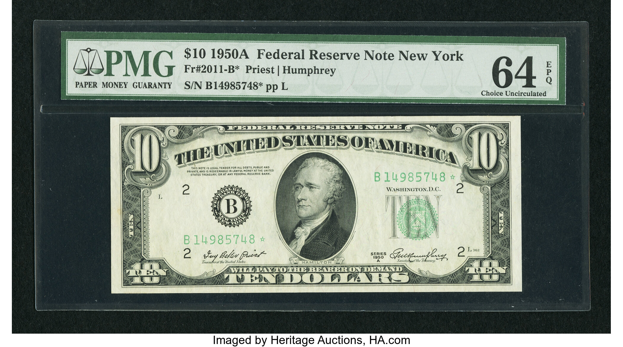 image for: Fr. 2011-B* $10 1950A Federal Reserve Star Note. PMG Choice Uncirculated 64 EPQ....
