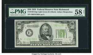 image for: Fr. 2102-E $50 1934 Light Green Seal Federal Reserve Note. PMG Choice About Unc 58 Net....
