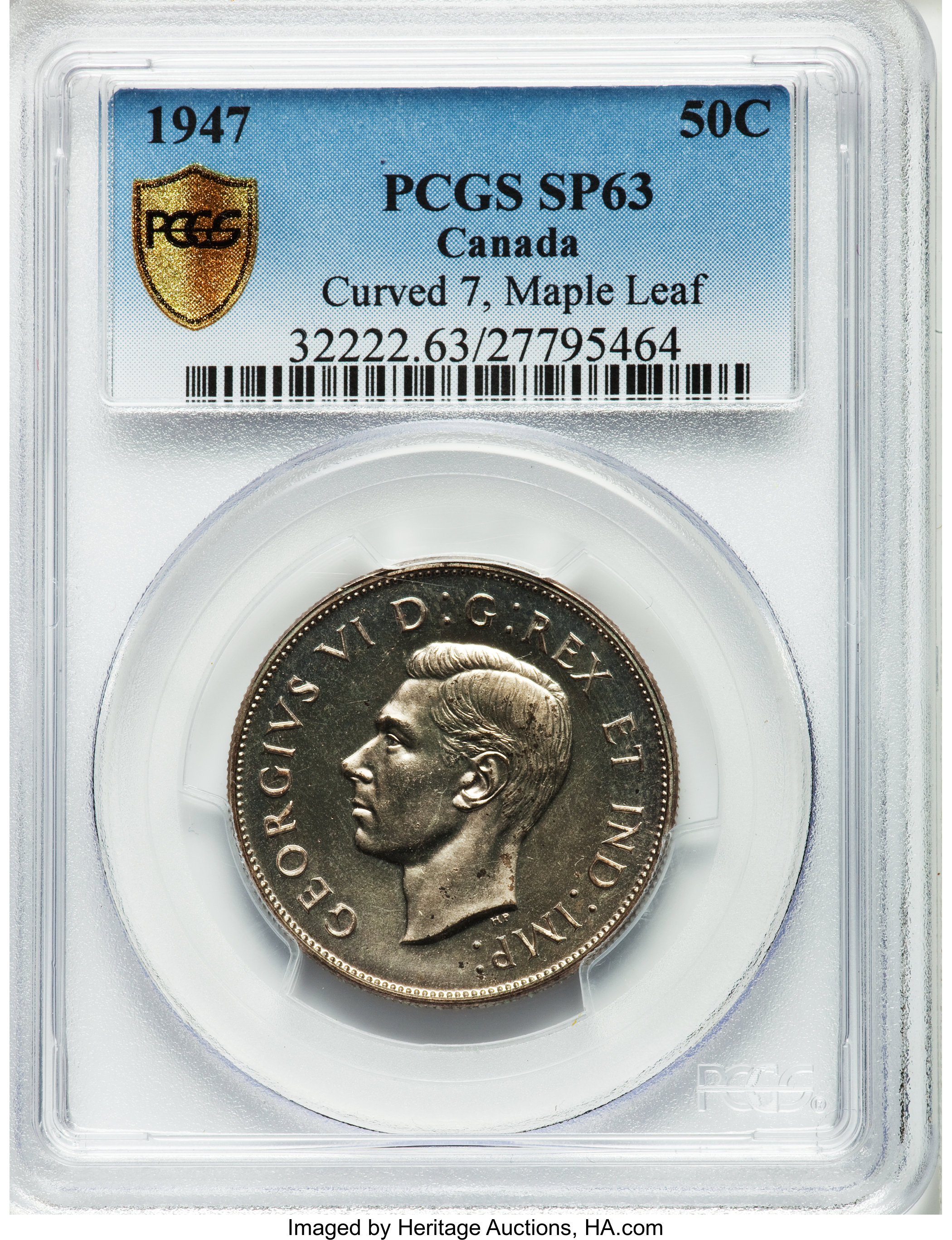 image for: George VI Specimen "Curved 7 - Maple Leaf" 50 Cents 1947 SP63 PCGS
