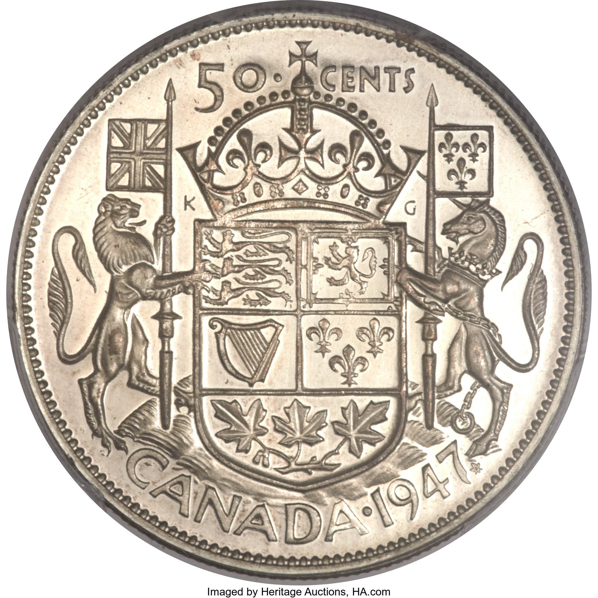 image for: George VI Specimen "Curved 7 - Maple Leaf" 50 Cents 1947 SP63 PCGS