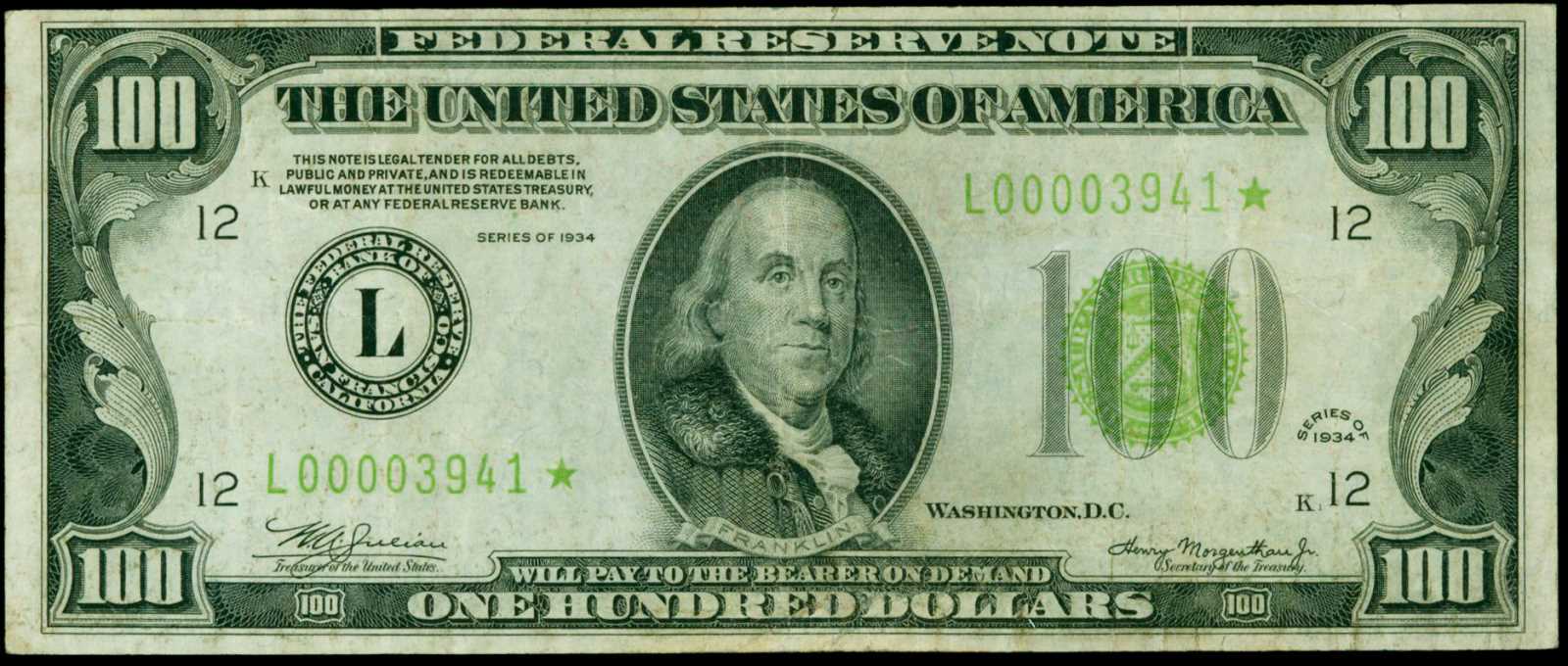 image for: Fr. 2152-L*. 1934 $100 Federal Reserve Note. PCGS Very Fine 20.