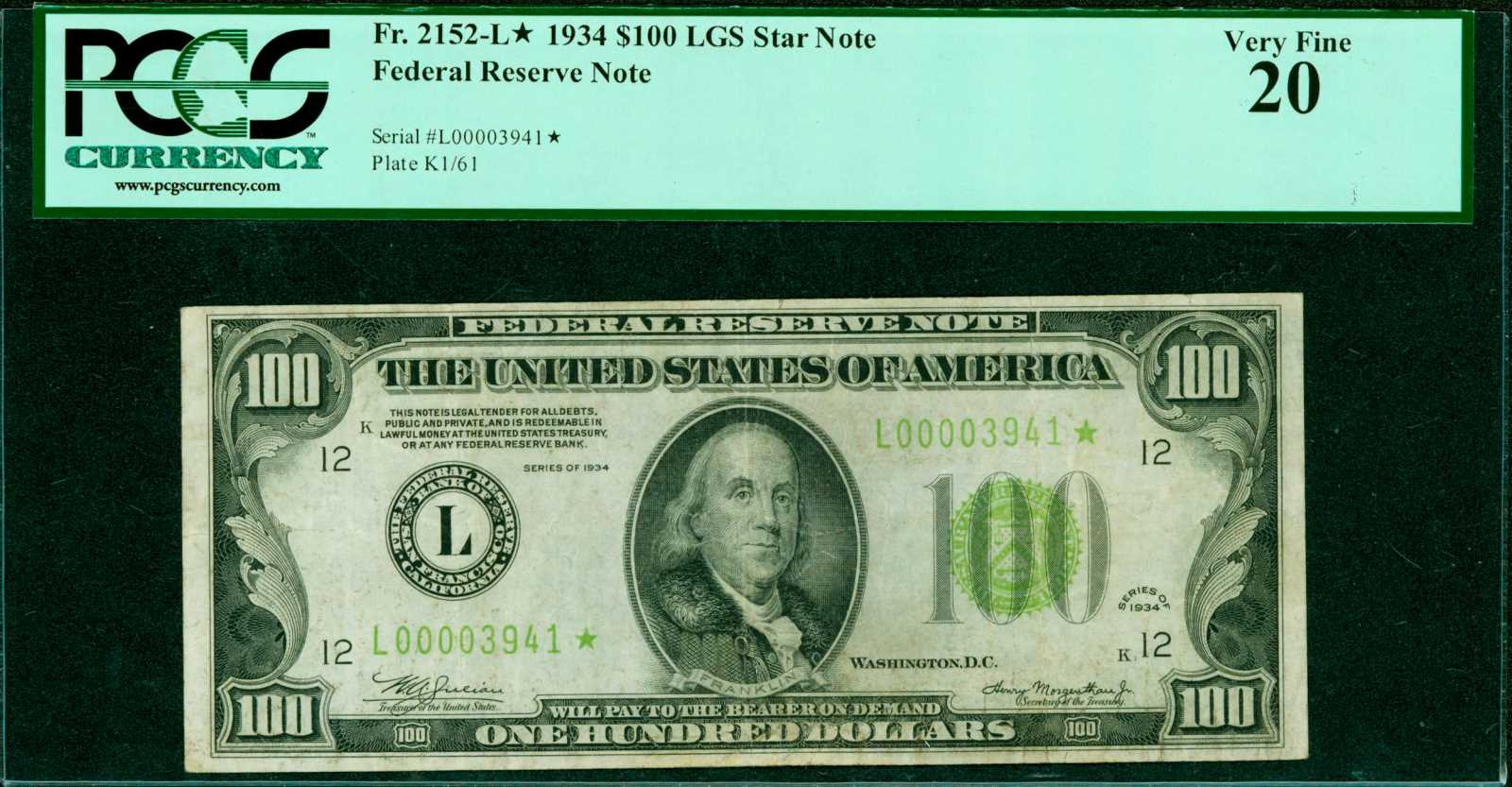 image for: Fr. 2152-L*. 1934 $100 Federal Reserve Note. PCGS Very Fine 20.